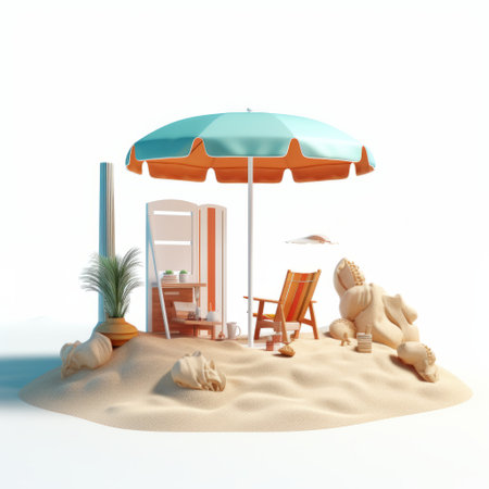 a beach scene featuring chairs and umbrellas arranged in a diorama-like style. the animated illustrations showcase meticulous photorealistic still lifes, with a play of light and shadow. the color palette includes light orange and light cyan, adding a vibrant touch to the scene. the white background enhances the overall aesthetic of the image. ai generatedの素材