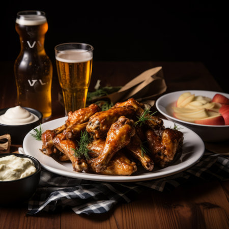 a bowl of hot wings, accompanied by wine and beer, is captured in this photo. the image showcases layered textures and patterns, with a velvia style and provia matte finish. the dignified poses of the wings create a multi-layered composition, combining dark, white, and amber tones. ai generatedの素材