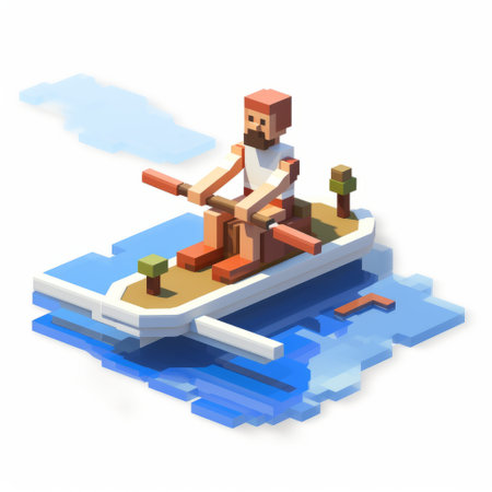 a man enjoying a pixelated sandboarding game, featuring detailed ship sails, minimalist sculptures, and voxel art. the scene showcases romantic riverscapes and incorporates elements of bentwood and the use of common materials, creating an intricate and visually captivating design with intertwining materials. ai generatedの素材