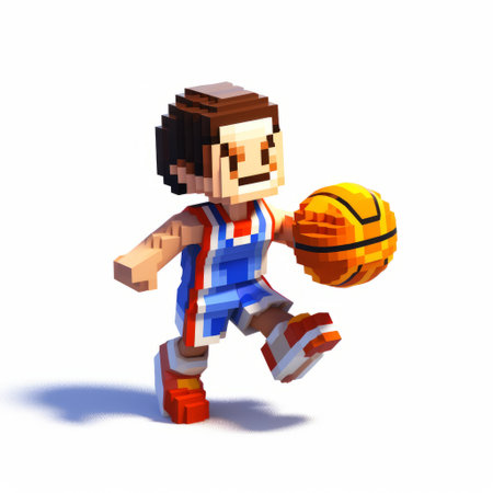 a cartoon basketball player in white, depicted in voxel art style, showcases pixelated realism with light red and blue colors. the bold and manga-inspired character is rendered using unreal engine 5, featuring high-contrast shading and a shiny, glossy appearance. ai generatedの素材