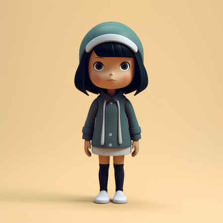 a cartoon girl wearing a jacket and cap stands confidently on a table. rendered in cinema4d, this artwork showcases soft color blending with a combination of dark teal and light beige. the character's toy-like proportions and bold design add a unique charm, while the asian-inspired elements bring an extra touch of cultural influence. created using ue5. ai generatedの素材