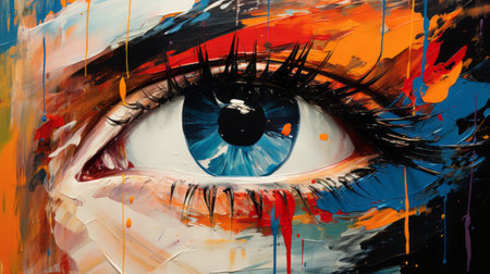 a painting featuring the eyes of women with vibrant splashes of color surrounding them. this artwork, created in the style of a hard edge painter, showcases a combination of orange and azure hues. the highly detailed realism and eye-catching compositions make these large canvas paintings truly captivating. the use of a paint dripping technique adds an intriguing element to the close-up view. ai generatedの素材