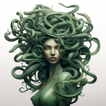 "medusa" by christopher j. sullivan is a hyper-detailed and realistic rendering featuring dark green, cartoon-like characters. the image showcases organic and flowing forms, with realistic human figures that have a disturbingly whimsical quality. this uhd image captures the artist's unique style and attention to detail. ai generatedの素材