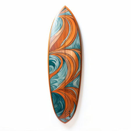 a wood, oil, and acrylic surfboard by bvs surfboard designs. this surfboard features a dark orange and aquamarine color scheme with intricate illustrations. the organic and flowing forms are beautifully captured in colorful watercolors. the flatness of the surface and high resolution make this tondo surfboard a stunning piece of art. ai generatedの素材