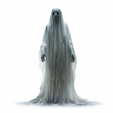 a ghost, depicted in a realistic yet ethereal style, is isolated on a white background. the ghost is portrayed in large-scale figuration, reminiscent of yankeecore and frostpunk aesthetics. it is slumped and draped, wearing sculptural costumes in light gray and light emerald hues. ai generatedの素材