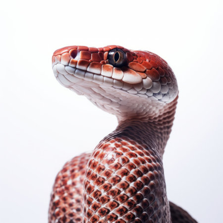 a close-up photo of a red snake on a white background, showcasing the expertise of object portraiture specialist. the snake's dark maroon and white colors create a striking contrast. the image captures the full body of the snake, highlighting its explosive pigmentation. this photo is reminiscent of the style of photographers like shin taga, rollei prego 90, and polixeni papapetrou. ai generatedの素材