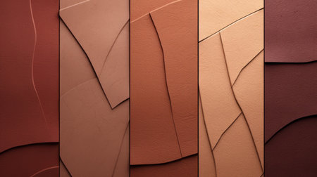 a photo showcasing irrational patterns of various colors and textures in random patterns. the style of the patterns resembles light orange and light bronze shades. the photo features minimal retouching and highlights sculpted forms made of cardboard and leatherhide. it also includes photorealistic compositions and multi-panel compositions. ai generatedの素材