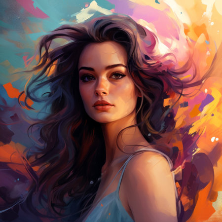 colorful girl by maria britt is a vibrant wallpaper for iphone, inspired by the styles of cyril rolando, inessa garmash, and martiros saryan. the artwork features a combination of light amber and violet hues, creating a high-energy and expressive portrait. with loose expressionism and influences from portrait miniatures, this piece captures the viewer's attention with its dynamic and colorful imagery. ai generatedの素材