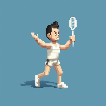 a pixel artwork of a volleyball player with a racket, showcasing a realistic genre scene. this clever and witty cartoon-style piece features hyper-detail and minimal retouching. inspired by the works of charles addams and hercules seghers, the artwork predominantly uses light brown and white tones. ai generatedの素材
