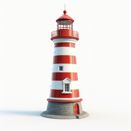 a 3d model of a lighthouse stands on a white background, featuring horizontal stripes in a playful perspective. the lighthouse is designed with a combination of light red and white colors, giving it a vibrant appearance. the model showcases a hard surface modeling technique and incorporates elements of neue sachlichkeit. the use of precious materials adds a touch of elegance to the overall design. aiの素材