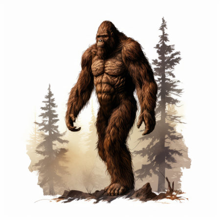 a national geographic photo featuring a captivating artwork of bigfoot in the style of isolated landscapes. the artwork showcases symbolic elements and is created using ink and wash technique. the composition portrays bigfoot in a white and brown color palette, reminiscent of the mysterious creature's natural habitat. this concept art could be reminiscent of a 2d game art or a scene from the historical eventの素材