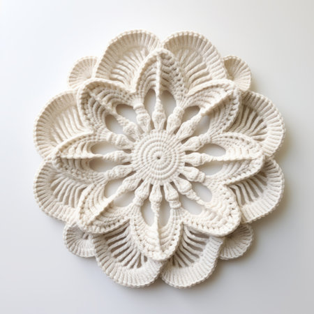 a white crocheted flower, resembling ceramic tapestries, showcases neoclassical symmetry and nature-inspired installations. the intricate design features fine feather details and naturalistic shadows, while circular shapes and highly detailed foliage add to its charm. ai generatedの素材
