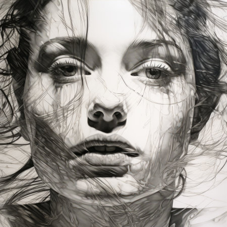 a woman with her hair pulled out, depicted in a hyperrealistic style of illustration. the fluid and flowing lines create a sense of movement, while the monochrome painting adds depth and contrast. made of glass, this artwork showcases strong facial expression and detailed texture, resulting in emotionally charged portraits. ai generatedの素材
