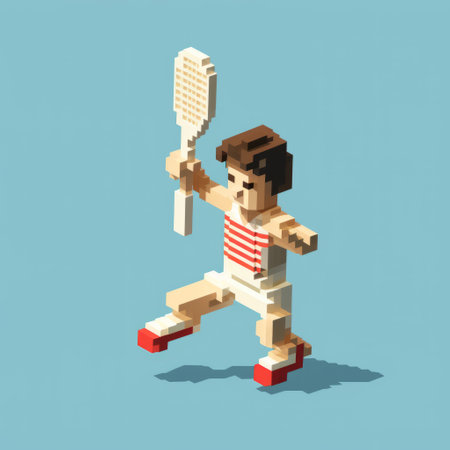 a pixel art tennis player is depicted in this photo, showcasing a unique blend of conceptual sculptures and retro visuals. inspired by artists like mariusz lewandowski and etam cru, the image incorporates elements of deconstructed objects and adorable toy sculptures. the vintage americana aesthetic adds a nostalgic touch to this captivating artwork. ai generatedの素材