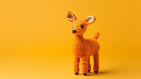 an orange crocheted stuffed animal, in the style of depth of field and fawncore, is placed on a vibrant yellow background. this cute and colorful animal figurine showcases a realistic yet stylized design, featuring nature-based patterns and expert sculpting. ai generatedの素材