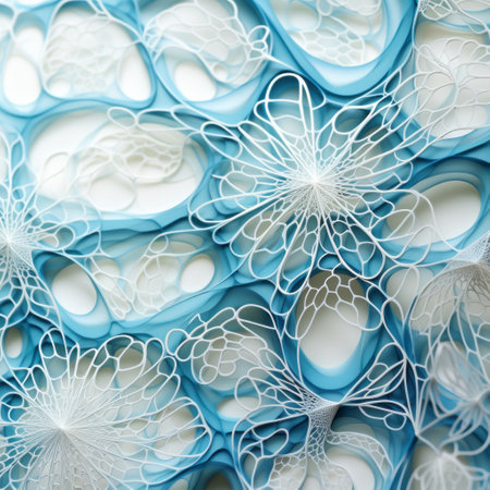 a photo of intricate paper art featuring blue and white flowers. this abstract art showcases detailed and layered compositions, resembling intricate webs. the light aquamarine color adds a touch of elegance to the sculptural ceramics. the artist's attention to ultrafine detail is evident through focus stacking and layered organic forms. ai generatedの素材