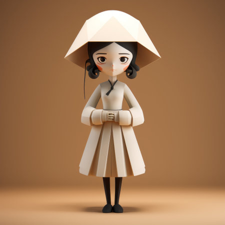 a cartoon girl with a red hat and white dress is depicted in a low poly style, reminiscent of the yuan dynasty. the artwork showcases a combination of dark white and bronze tones, with intricate hard surface modeling. the simplistic characters are brought to life through the use of paper, while the scene portrays inclement weather. ai generatedの素材