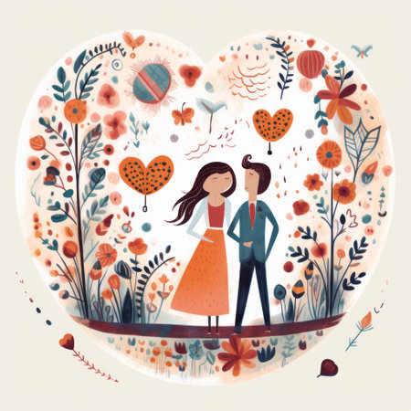 heart shape heart with couple in love surrounded by flowers and hearts illustration. this charming character illustration captures the essence of love and romance. with a warm color palette and a mid-century style, it exudes a sense of nostalgia and celebration of rural life. the lively movement portrayal adds an extra touch of joy to this editorial illustration, symbolizing long distance and deep distance relationships.の素材