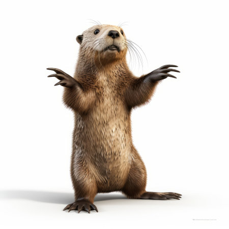 a cartoon beaver with arms stretched out, standing up, is depicted in this ultra-high-definition image. the illustration style resembles hyper-realistic animal illustrations by artists such as arthur sarnoff, range murata, and albert bierstadt. the beaver's loose gestures and character studies add depth and personality to the artwork. ai generatedの素材