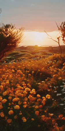 an orange field with flowering trees on a cloudy day, captured in the style of graflex speed graphic by tj drysdale. this lively coastal landscape, reminiscent of the unreal engine 5, showcases the mesmerizing beauty of the desertwave. sunrays shine upon the scene, adding a touch of ethereal charm. marguerite blasingame's artistic vision comes to life in this captivating photograph. ai generatedの素材