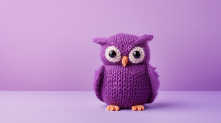 an adorable woolen owl perches inside a glass, set against a vibrant purple backdrop. this close-up photograph showcases the unique style of low resolution, object-oriented design, and toy-like proportions. the bold chromaticity adds a playful touch to this code-based creation, while the soft-focus technique enhances the simplistic charm of the owl. ai generatedの素材