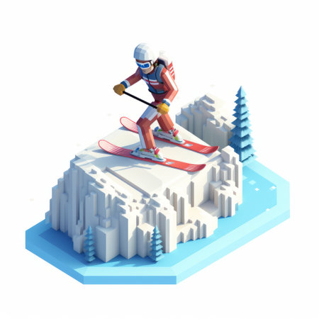 a skier riding a skateboard is depicted in this voxel art cartoon image. the style of the artwork is hyperrealistic, with isometric angles and detailed world-building. the artist, alexandr averin, has created a visually stunning scene with mountainous vistas, perfect for editorial illustrations. ai generatedの素材