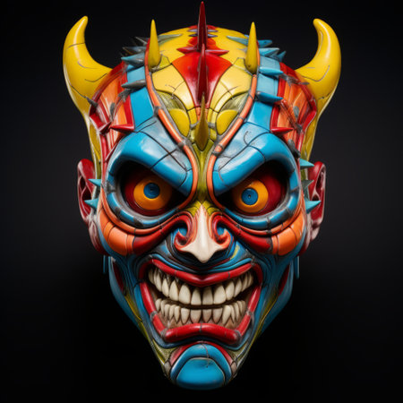 the colourful devil mask, painted with horns, showcases a vibrant and eye-catching design. drawing inspiration from various sources such as vray tracing, iconic pop culture references, and the han dynasty, this mask features realistic and hyper-detailed renderings. created using digital art techniques, it embodies elements of neo-geo and is captured with the steinheil quinon 55mm f19 lens. ai generatedの素材