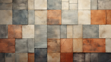 a photo showcasing a stunning arrangement of colored aluminum and copper tiles on a wall, inspired by the artistic style of gabriel pacheco. the minimalist background features a harmonious blend of light bronze and gray tones, complemented by polychrome terracotta accents. the rich and painterly surfaces of the tiles create vibrant color blocks against the sparse backdrop. ai generatedの素材