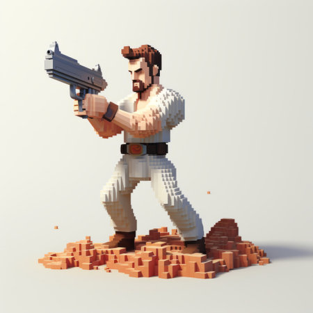a 3d rendered lego character stands in front of a dirt background, holding a gun. the image showcases a unique style of mosaic-inspired realism, reminiscent of retro sci-fi scenes and rubens' artwork. the color palette consists of white and beige tones, creating a pixelart aesthetic with a low poly and terracotta feel. ai generatedの素材