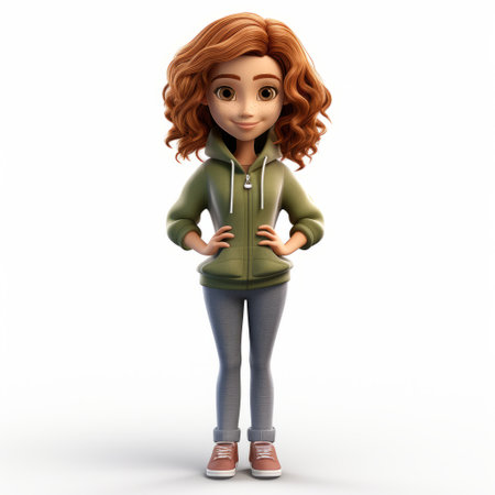 a playful caricature-like 3d model girl with long red hair stands in a green sweater, her hands outstretched. the youthful protagonist exudes a vibrant energy, while the curvilinear composition adds a dynamic touch. captured with the zeiss milvus 25mm f/1.4 ze lens, this image showcases the whimsical charm of the character. ai generatedの素材
