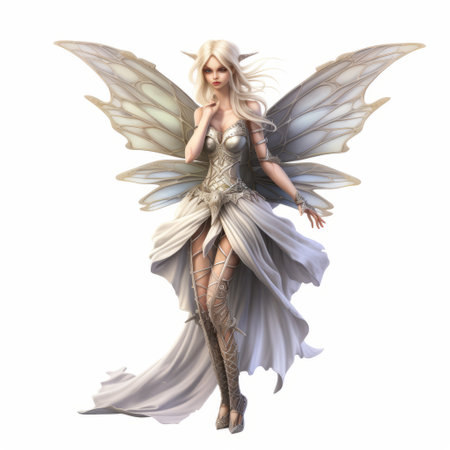 a lady in a white dress with wings and a gold crown stands in a fantastical street. the highly realistic and detailed character illustration showcases her dignified pose. the sculpted figure is adorned with light silver and light black accents, creating a translucent and transparent medium. ai generatedの素材
