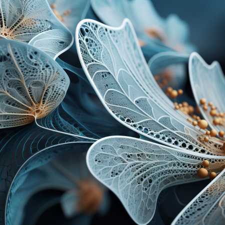 abstract floral arrangement by designer kevin dudley, featuring translucent layers and intricate dotwork. rendered in cinema4d, this macro photograph showcases the dark white and light blue color palette. the arrangement is complemented by intricate costumes and flowing forms, resulting in a visually captivating composition. ai generatedの素材