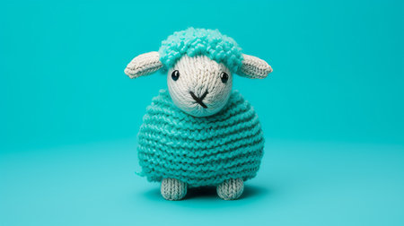 a sheep knitted in bright green yarn stands out against a vibrant turquoise background. the cute and dreamy style of the sheep creates a monochromatic harmony with the light maroon and azure hues. this ready-made object showcases innovating techniques, combining dark azure and light aquamarine shades, resulting in a whirly and eye-catching design. ai generatedの素材