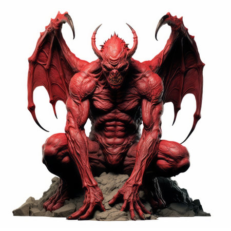 red demon action figure captured in motion, showcasing hyperrealistic rendering and dignified poses. this intricately detailed figure draws inspiration from ps1 graphics, stone sculptures, and the strong contrast of chiaroscuro. symbolic of the nabis movement, this dynamic toy merges art and play in a captivating way. ai generatedの素材