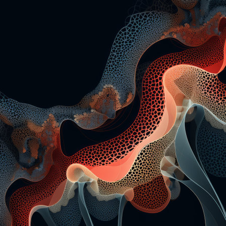the artwork showcases a mesmerizing pattern of blue, pink, and red lines, reminiscent of organic biomorphic forms. created using cinema4d, the piece features a dark gray and amber color palette. the artist has applied multiple filter effects, intricate dotwork, and flowing textures, resulting in a captivating composition against a smokey background. ai generatedの素材