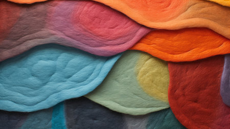 a photo of a large-scale installation featuring colorful felt, acrylic blocks with felt, and paper. the artwork showcases smooth and curved lines, soft and rounded forms, and dreamlike hues. the image captures the intricate details of the photographic weavings, enhanced by darktable processing. ai generatedの素材