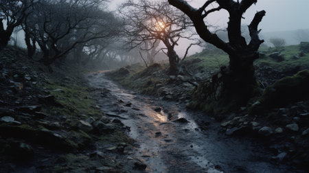 a fog-covered forest illuminated by sunlight, captured in the style of tom chambers, british topographical photography, cerith wyn evans, bill henson, using the hasselblad h6d-400c camera. the image showcases the luminosity of water amidst dark and foreboding landscapes. ai generatedの素材