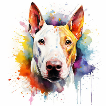 a watercolor dog with vibrant rainbow colors on its face, featuring yellow and white eyes. this artwork is created in the style of colorful moebius, with high attention to detail and strong facial expression. the textured splashes add depth to the painting. this piece is reminiscent of the works of joram roukes and mandy disher. shot at iso 200. ai generatedの素材