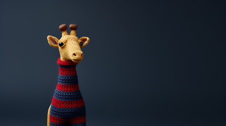 a stuffed giraffe, knitted and crocheted in dark indigo and red, sits on a dark background. this playful and ironic creation by sacha goldberger features horizontal stripes and is captured in stunning 8k resolution. with ethical concerns in mind, this unique photo showcases the artistry and creativity behind the handmade toy. ai generatedの素材