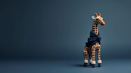 wooden giraffes on a blue background, inspired by plush doll art. created by sacha goldberger, known for his expertise in industrial and product design. the giraffes feature a combination of dark white and dark orange colors, with layered textures and patterns. the image showcases minimal retouching, highlighting the knitted and crocheted details of the giraffes. ai generatedの素材