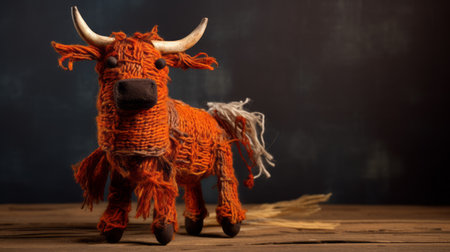 embroidered cow with horns standing on dark wooden background, showcasing the intricate handwoven textile style. the dark orange hues add to the charm of these adorable toy sculptures. this art piece by artur bordalo features celtic knotwork, creating a visually captivating composition. this national geographic photo captures the essence of the artwork with selective focus. ai generatedの素材