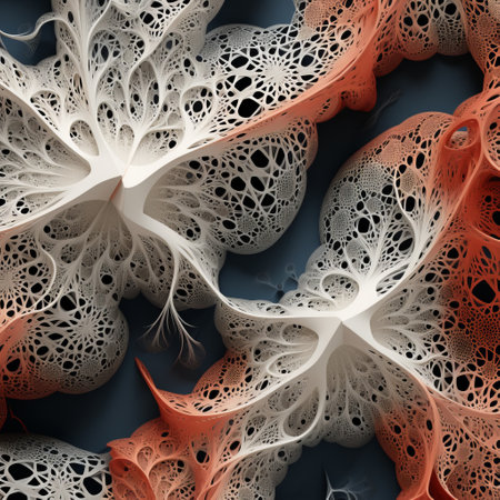 3d digital abstract flower design for vogue magazine featuring a dark white and light orange color scheme. the design showcases cellular formations, organic biomorphic forms, intricate webs, and an ethereal landscape. with elements of primitivist frenzy, the design incorporates light navy and red accents. ai generatedの素材