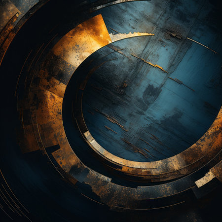 an abstract image featuring a post-apocalyptic backdrop with a dark gold and blue color scheme. the photo showcases an iron and copper star with a circular metal structure, textured surface layers, and a matte background. the futuristic architecture and spiral group add to the overall abandoned spaces aesthetic. ai generatedの素材