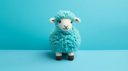 a cute stuffed lamb toy, featuring a knitted and crocheted pattern, is showcased on a vibrant blue background. this object portraiture specialist photograph captures the intricate details of the lamb, with its soft texture and bold color scheme. the image is taken using a tamron 24mm f/2.8 di iii osd m12 lens, adding to the clarity and sharpness of the code-based creation. ai generatedの素材