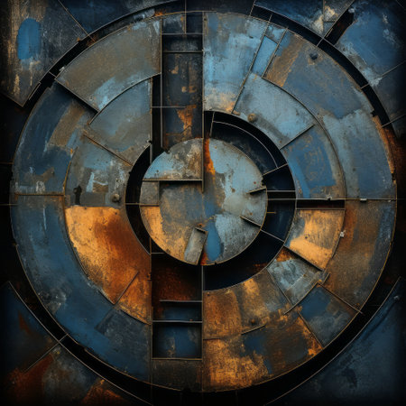 a blue and orange rusty clock wall decor with a sci-fi environment style. the multilayered texture and intersecting geometries give it an industrial machinery aesthetic. the dark palette and chiaroscuro create a moody atmosphere. this abstract piece features non-representational shapes, perfect for adding a unique touch to any space. ai generatedの素材