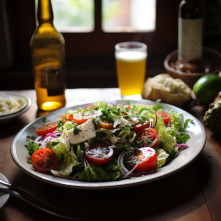a large plate of salad sits on a table, capturing the rustic americana style with influences from mesoamerica. the photo, taken with a nikon d750, showcases vibrant colors of dark white and light azure. the composition, reminiscent of steve henderson's lively tavern scenes, is enhanced by the use of a zeiss batis 18mm f2.8 lens. ai generatedの素材