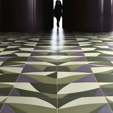 geometric floor tiles by fen thompson tileworks, inspired by the style of isaac julien, feature a captivating blend of light purple and dark green. these tiles create a visually striking and immersive experience, reminiscent of audio-visual installations. the design incorporates elements of passage, caravaggesque chiaroscuro, and the figura serpentinata, evoking the architectural brilliance of santiago calatrava. ai generatedの素材
