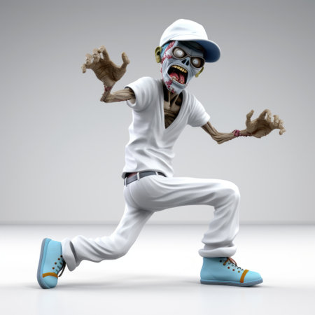 a zombie, with a comical choreography, is seen playing a tango in a hip hop influenced style. the image showcases a youthful protagonist in white and blue attire, rendered using octane render. the scene has a sparse and foampunk aesthetic, creating a unique and intriguing visual. ai generatedの素材