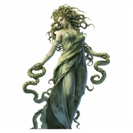 heracles, a lovecraftian-inspired figure, is depicted in this lifelike rendering. with an evil-looking mane made of vines, this victorian-inspired illustration captures the essence of womancore aesthetics. the green and azure tones add an intriguing touch to this associated press photo. ai generatedの素材