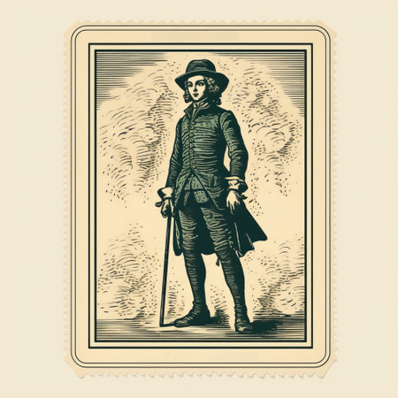 an old postcard featuring a stamp with an illustration of an elderly man holding a sword. the artwork is done in the style of american tonalism, solapunk, and spanish enlightenment. the image is captured using rollei retro 400s film, showcasing traditional costumes and distinctive typography. ai generatedの素材